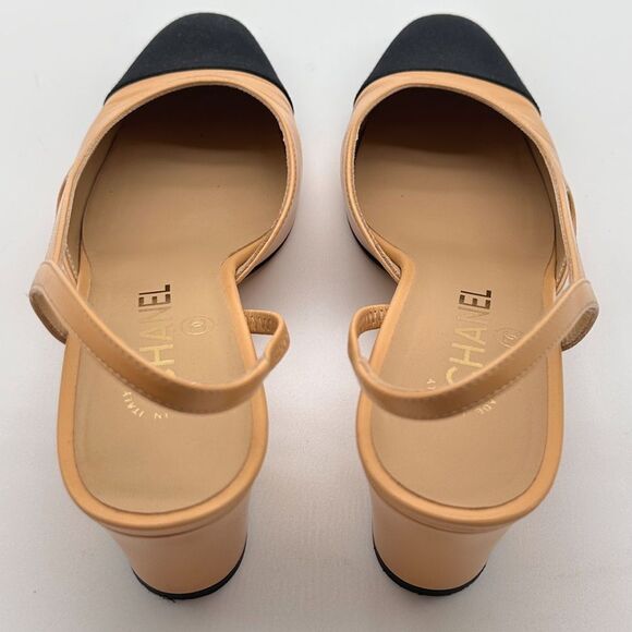 CHANEL Slingback Cap Toe Beige & Black Heels Leather Pumps EU 37.5 US 6.5-7 - Picture 12 of 15